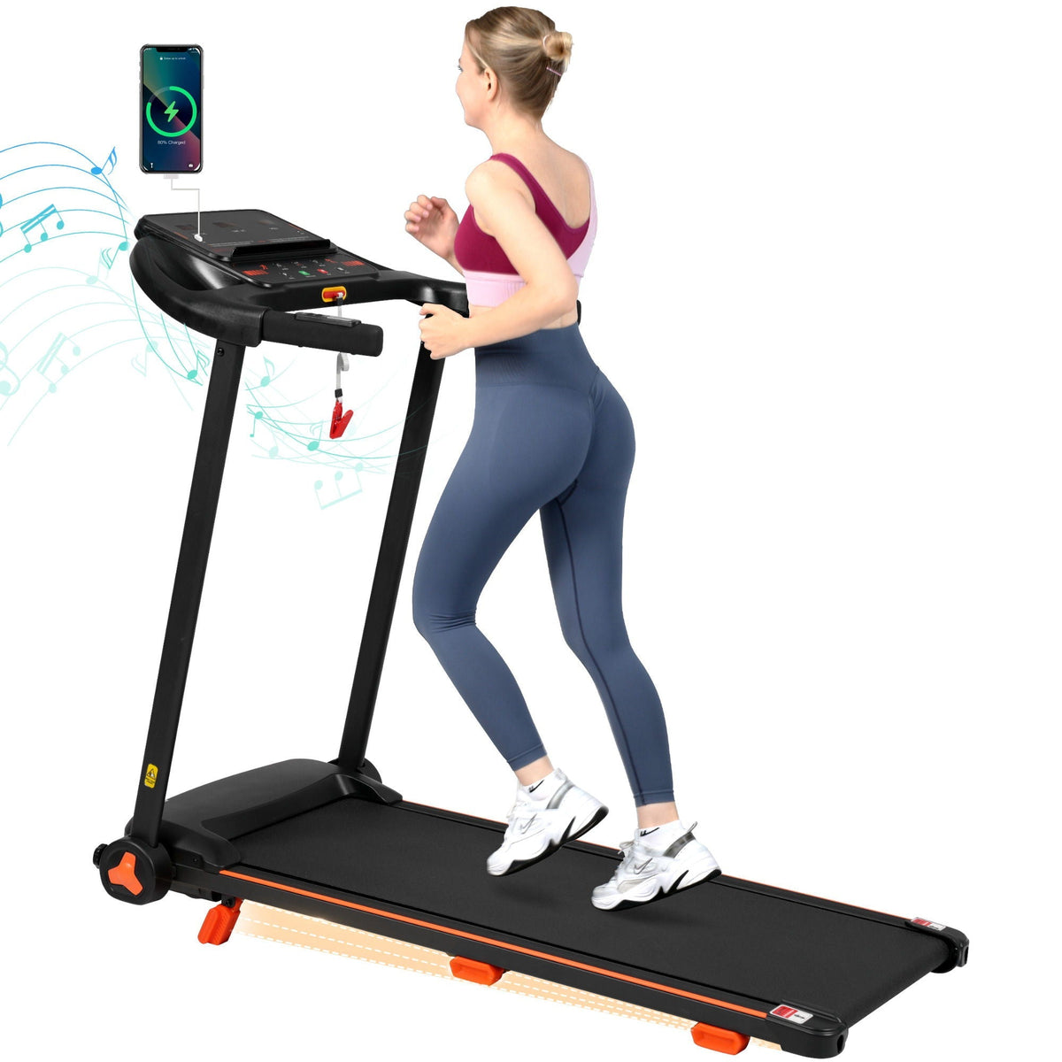 2.5Hp Quiet Folding Treadmill With Heart Rate Sensor, 300Lbs Weight Capacity, With USB Charge Station For Android & Bluetooth Speaker, 6 Shock Absorbing - Black