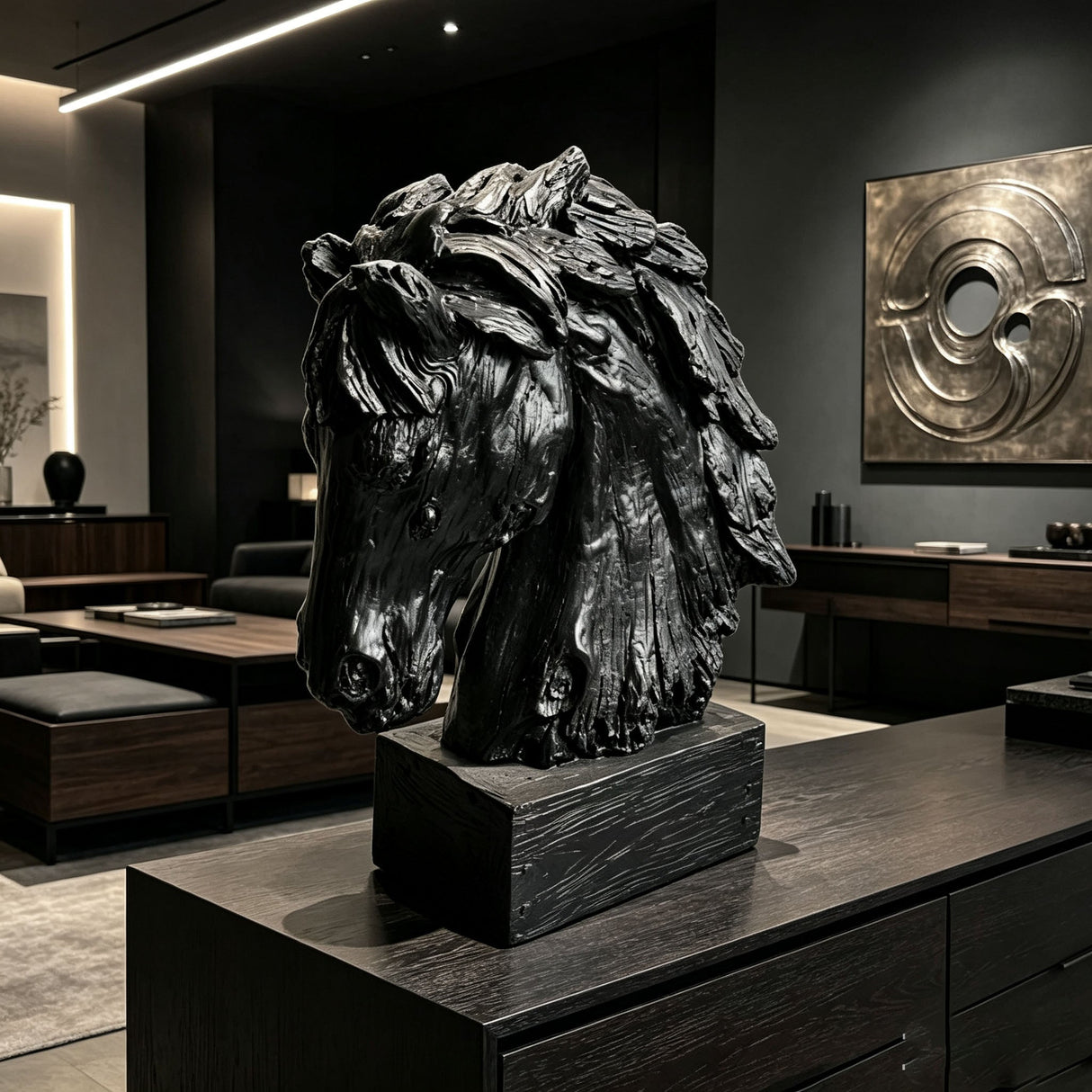 Black Rustic Horse Head Sculpture with Base