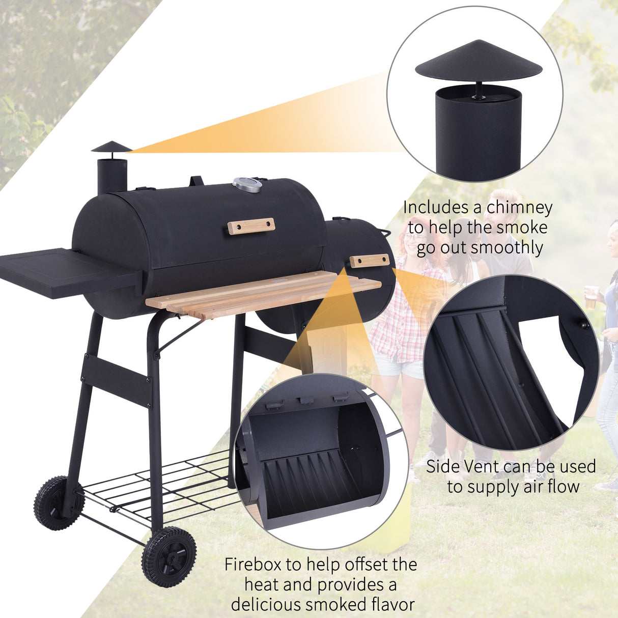 Outsunny 48-Inch Steel Portable Charcoal BBQ Grill and Offset Smoker Combo with Wheels