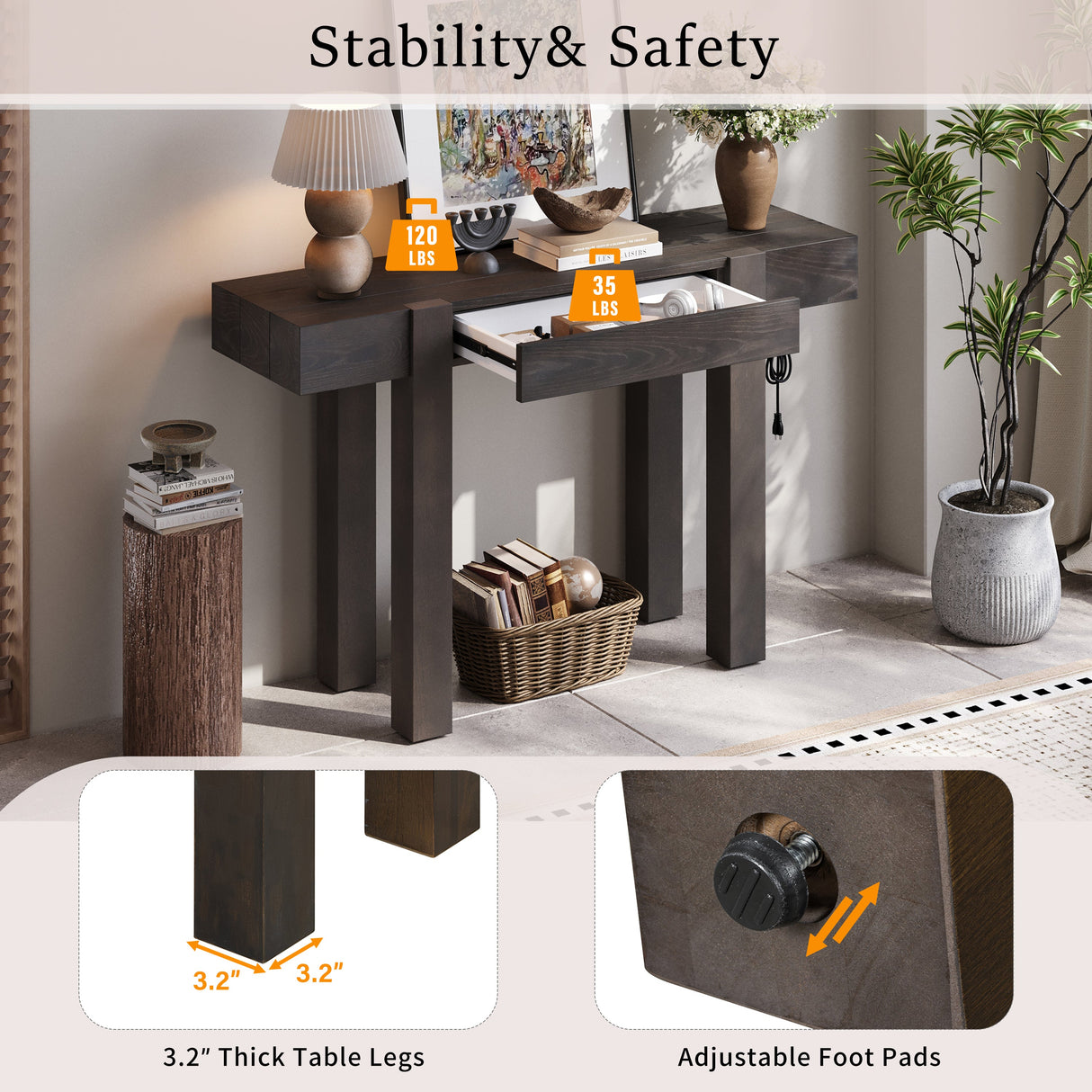 TREXM Rustic Minimalist Console Table with Hidden Drawer