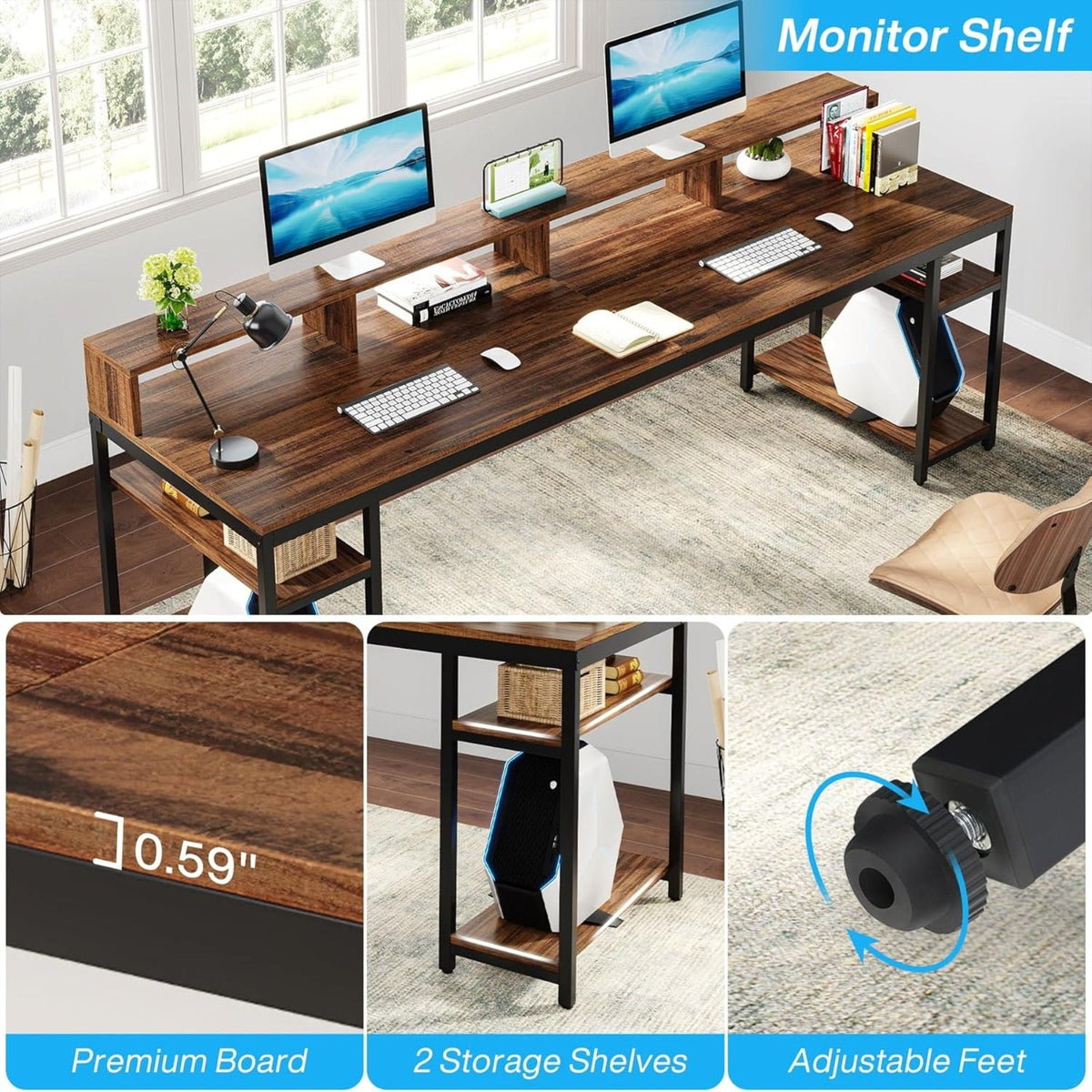 2 Person Desk With Monitor Stand, Long Office Workstation With Dual Storage Shelves And Frame - Brown / Black