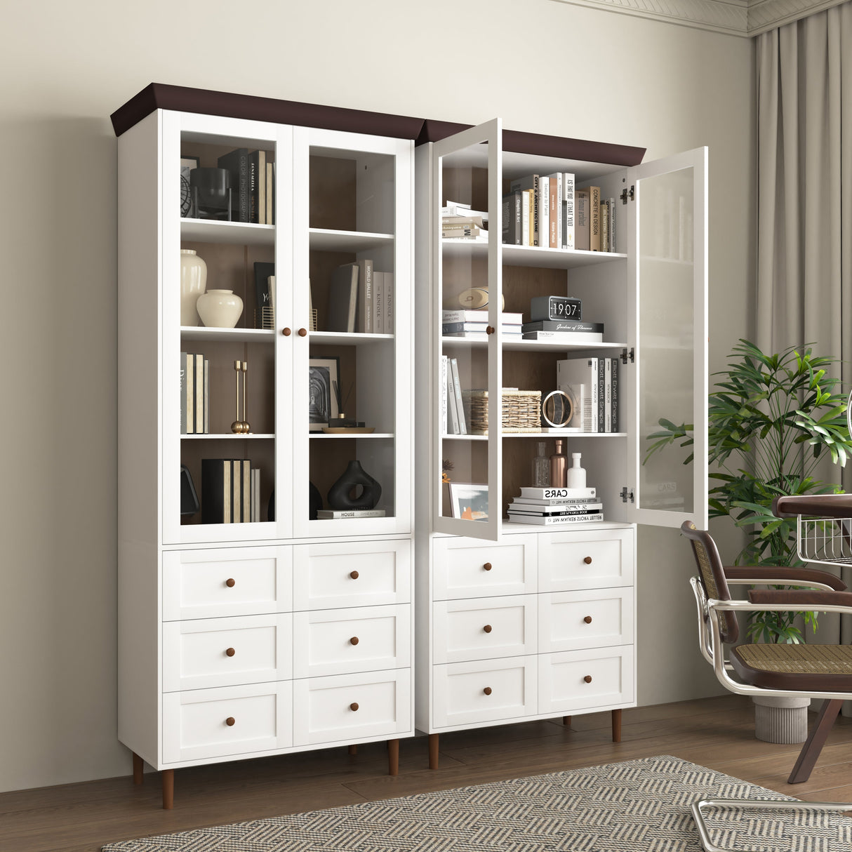 White MDF Display Storage Cabinet with Glass Doors and Adjustable Shelves