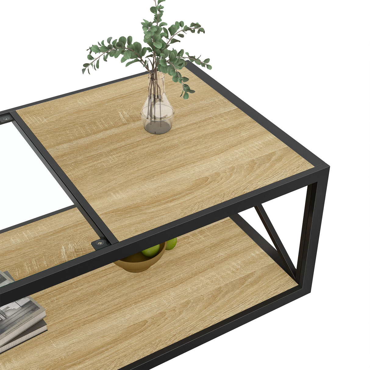 Modern Coffee Table with Tempered Glass and Natural Wood MDF Top