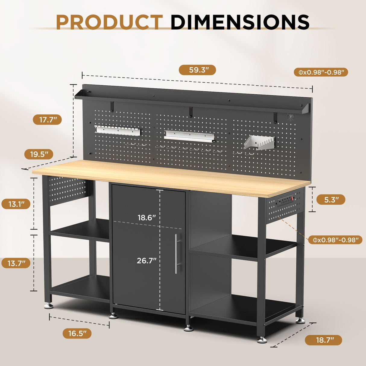Workbench With Storage Cabinet And Pegboard - Black