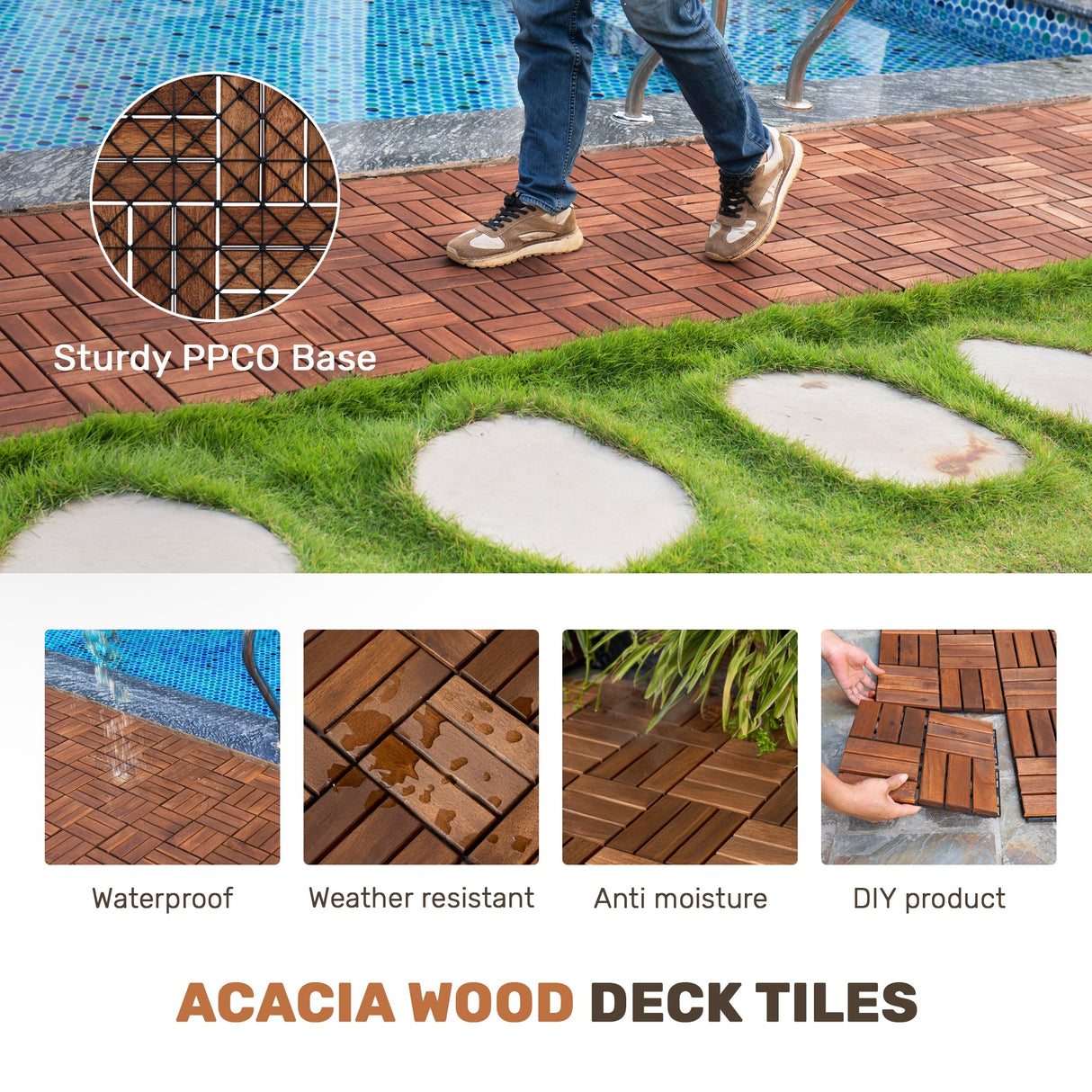 Acacia Wood Interlocking Deck Tiles - Checker Pattern