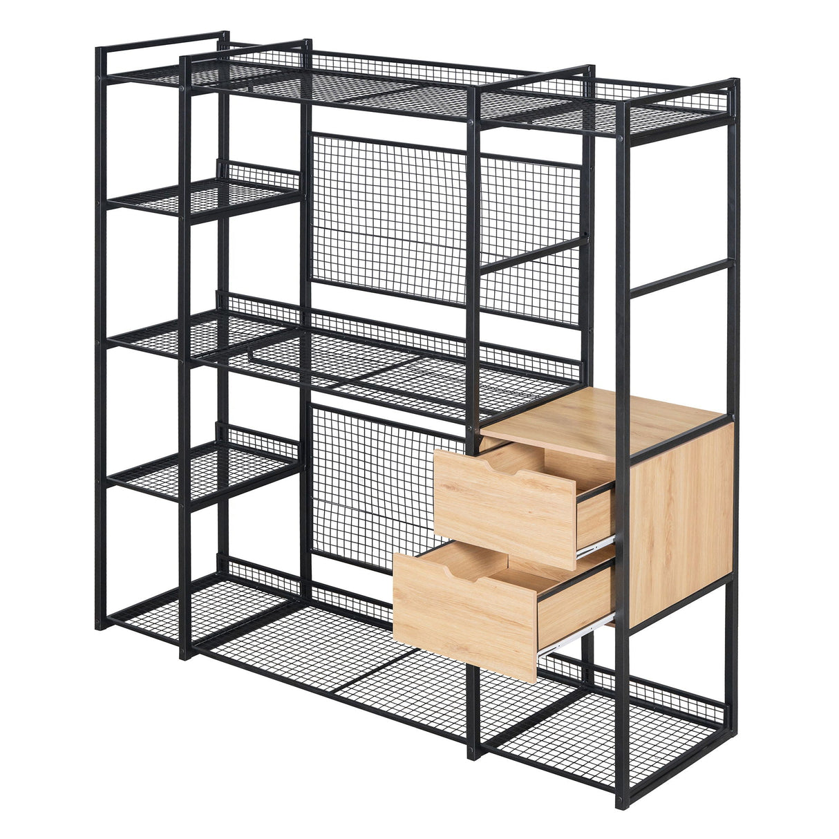 Open Style Wardrobe With Hanging Rails, Shelves And Drawers