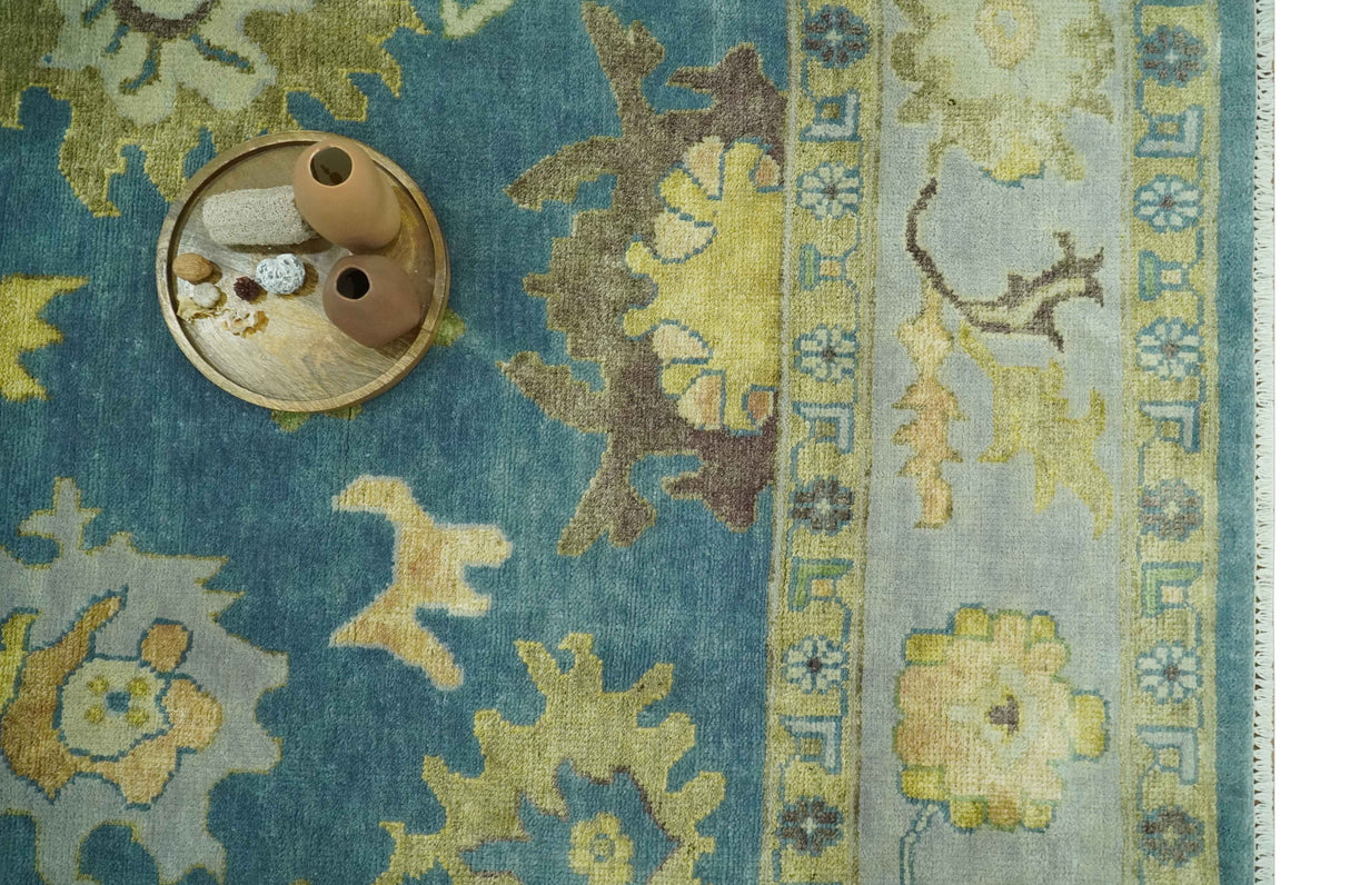 Blue, Silver and Olive 8x10 Hand knotted Traditional Oushak wool area rug