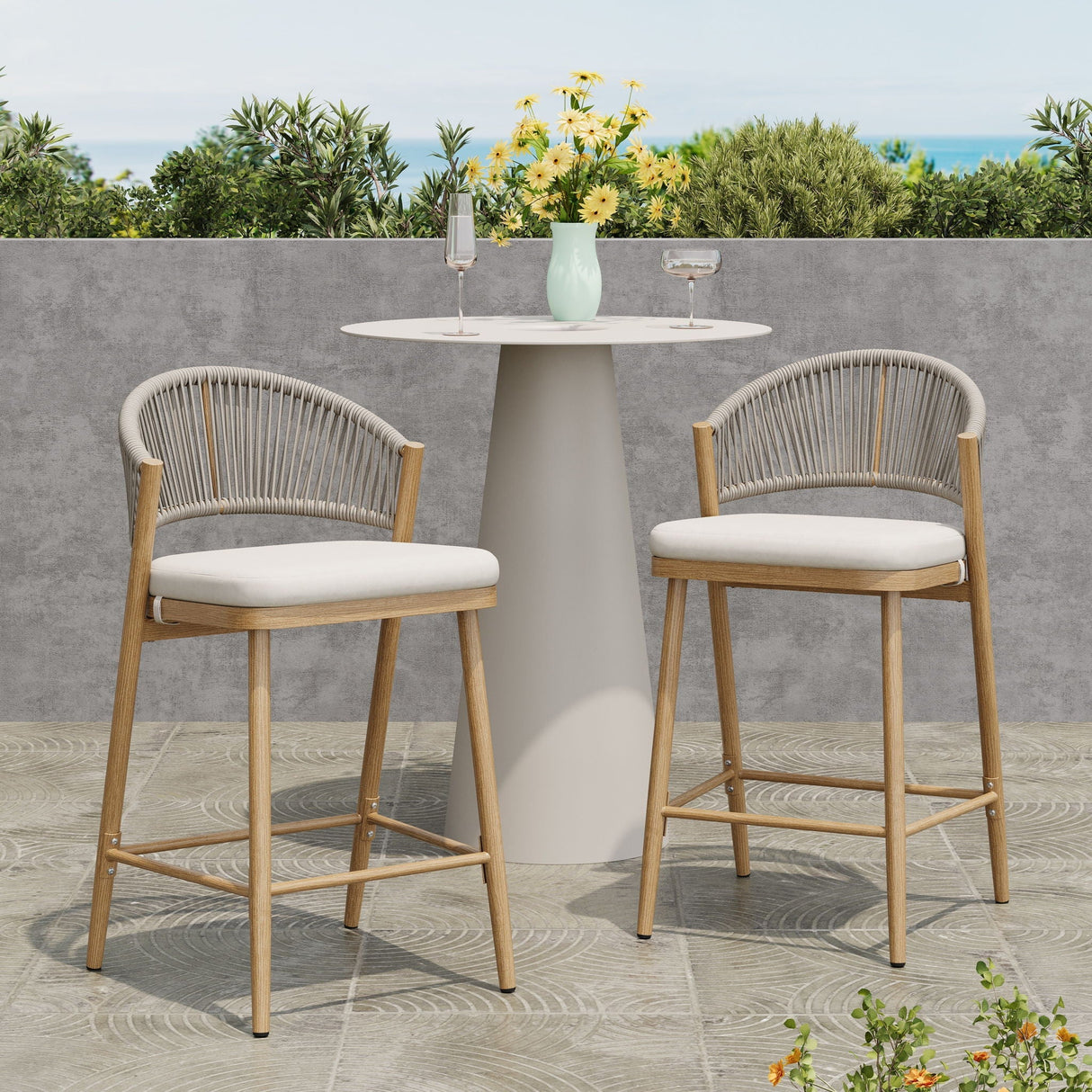 Outdoor 26" Counter Height Metal Frame Counter Stools with Scallop Shaped Backrest & Water Resistant Cushions