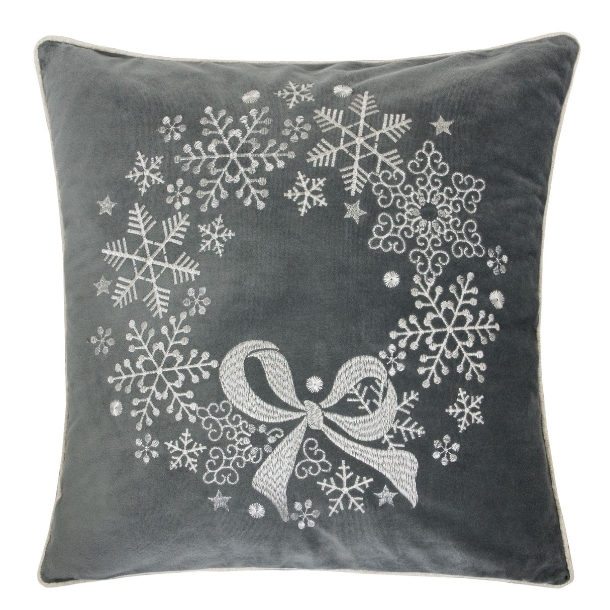 Gray Velvet Holiday Throw Pillow with Snowflake Wreath Embroidery