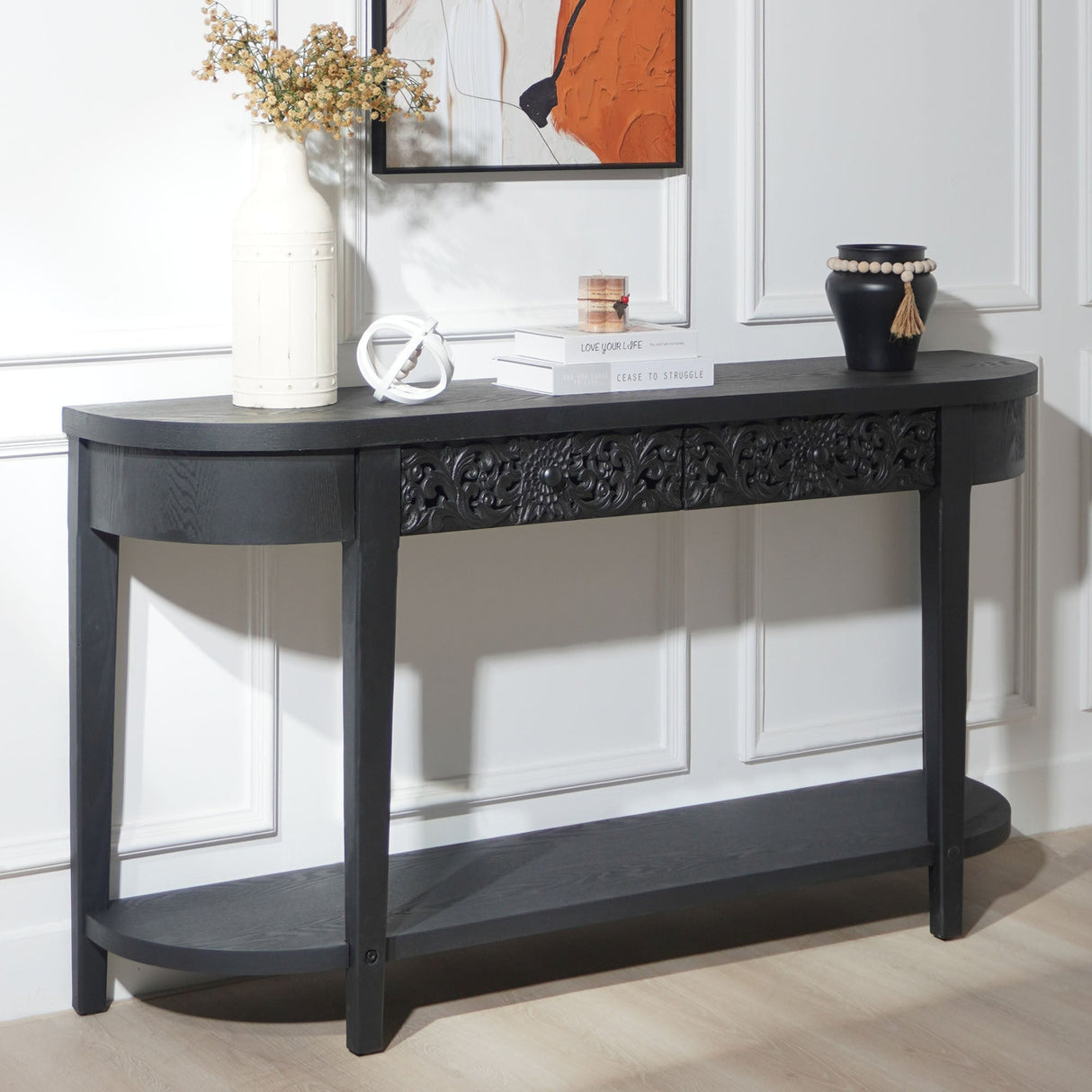 59.2in Black Carved Wooden Console Table with Lower Storage Shelf Tow Drawers– Elegant Decorative Accent for Entryway, Living Room, and Hallway