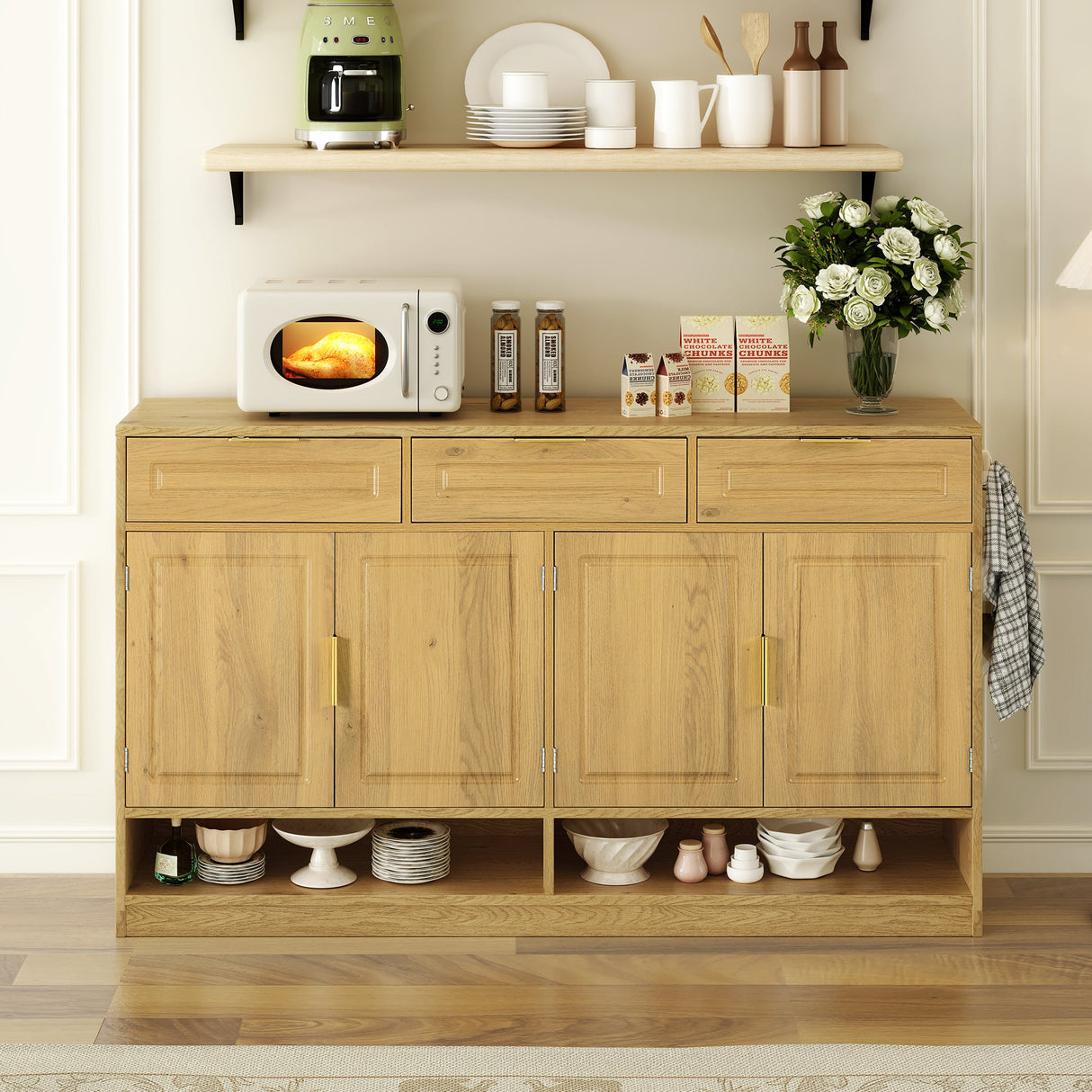 U-Style Farmhouse Sideboard with 3 Drawers & 4 Doors