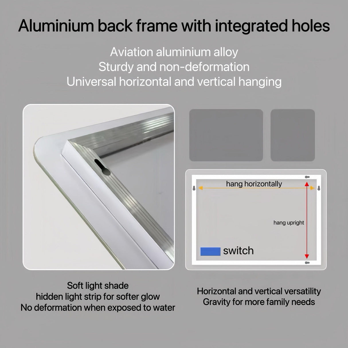 Bathroom Mirror Vanity Mirrors With Front Lights, Wall Mounted, Anti-Fog, Frameless, Horizontal Or Vertical