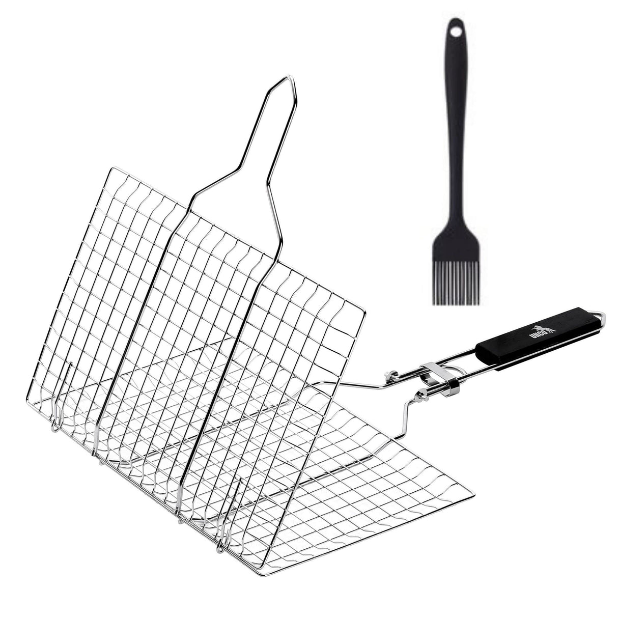 Grill Basket, Stainless Steel, with Wooden Handle for Outdoor BBQ