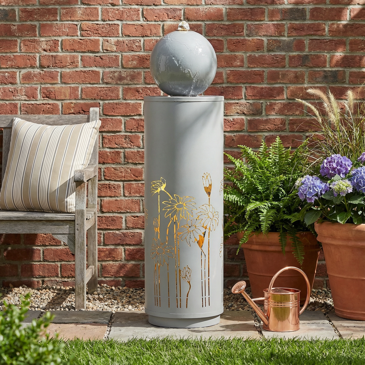 34.25'H Light Gray Metal Cutout Outdoor Water Fountain with LED Lights