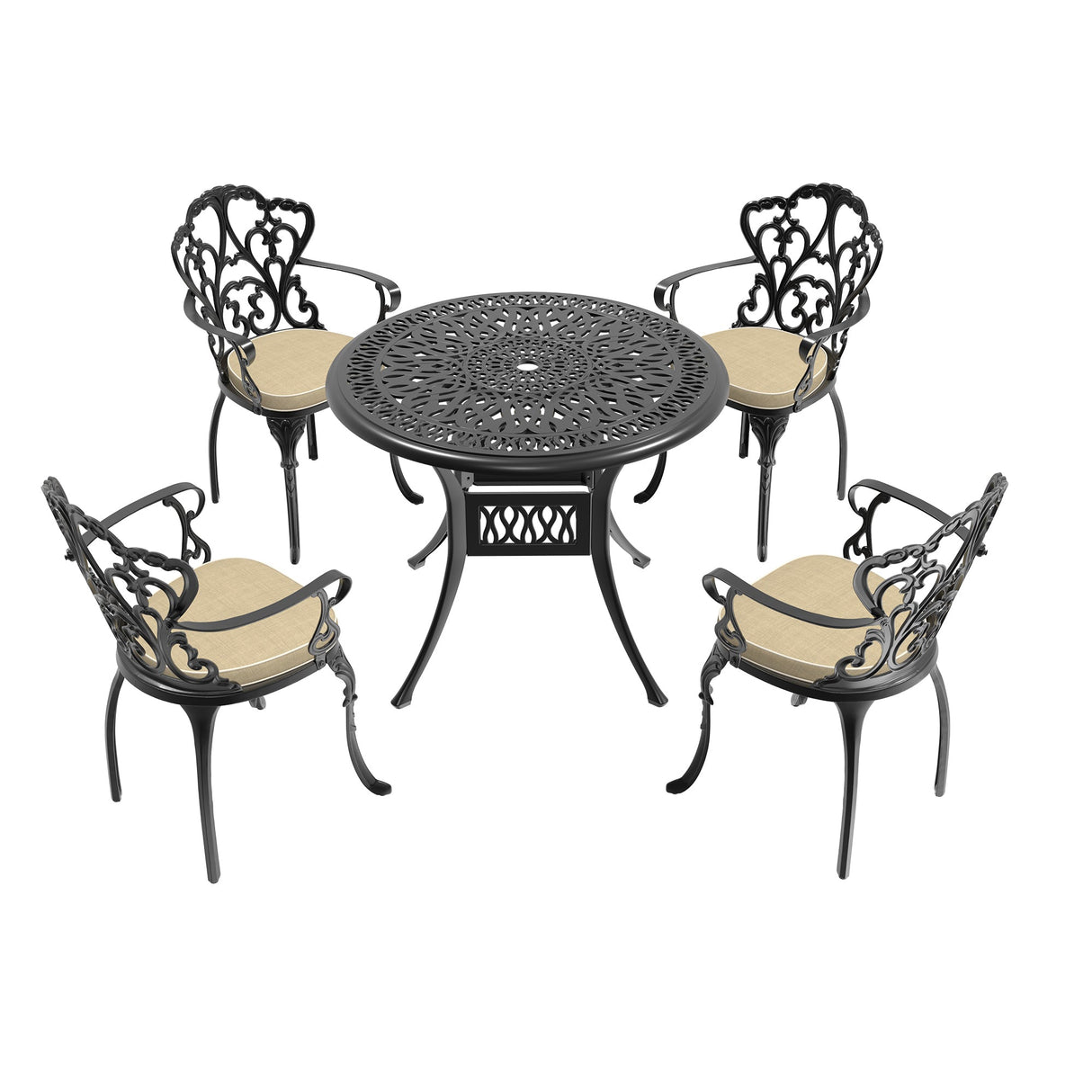 5-Piece Set Of Cast Aluminum Patio Furniture With Off-White Cushions