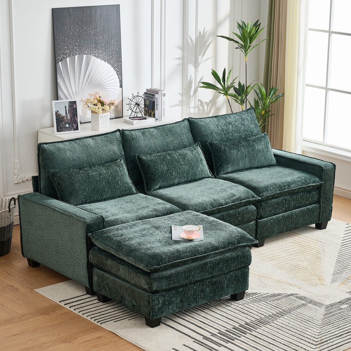 Modern Comfy Chenille L Shaped Sectional Sofa with Movable Ottoman