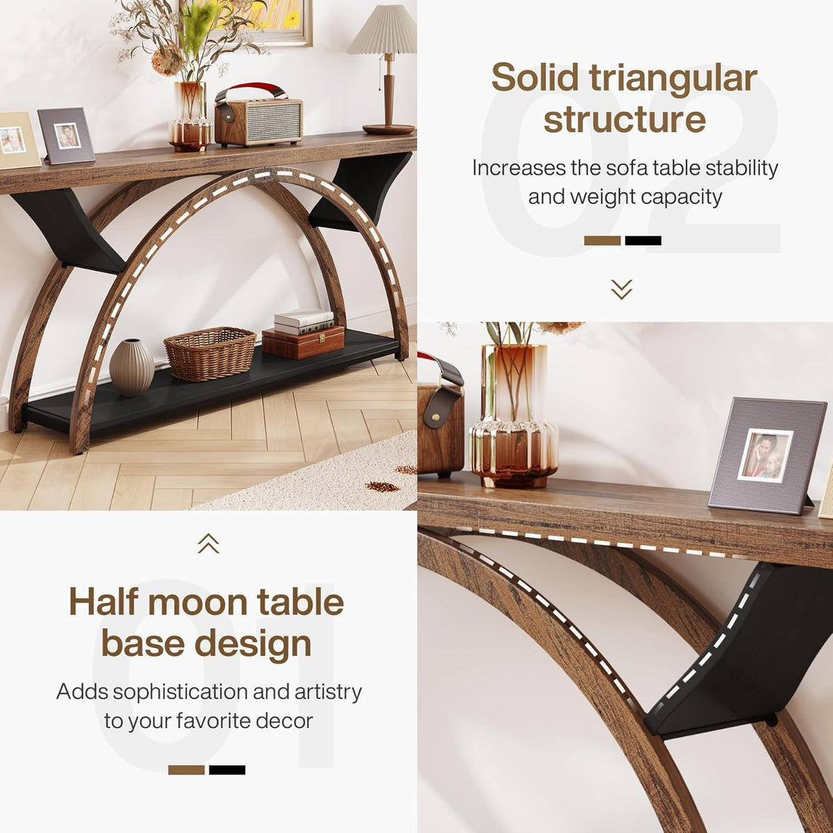 Console Table With 2 Tier Storage And Half Moon Frame For Hallway - Brown / Black