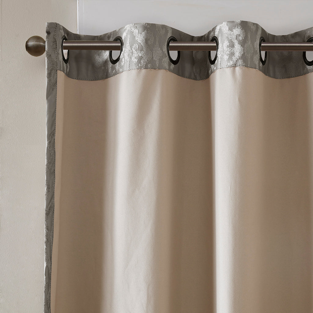 Charcoal Knitted Jacquard Damask Blackout Curtain Panel with Silver Grommets