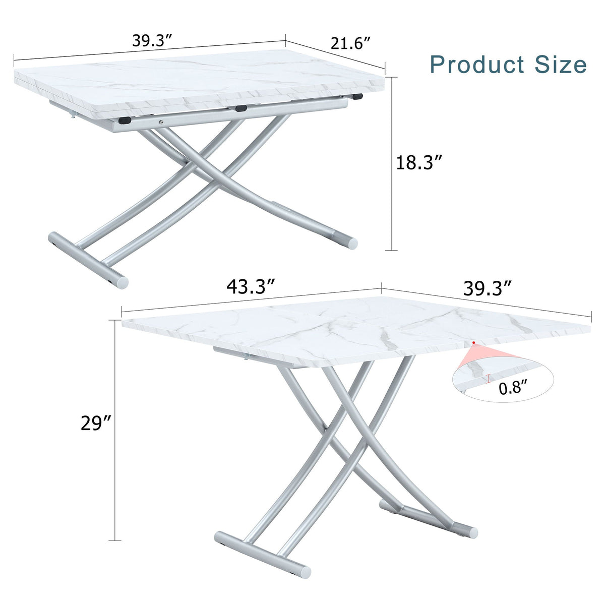 Modern Minimalist Multifunctional Lift Table With Metal Legs - White / Silver