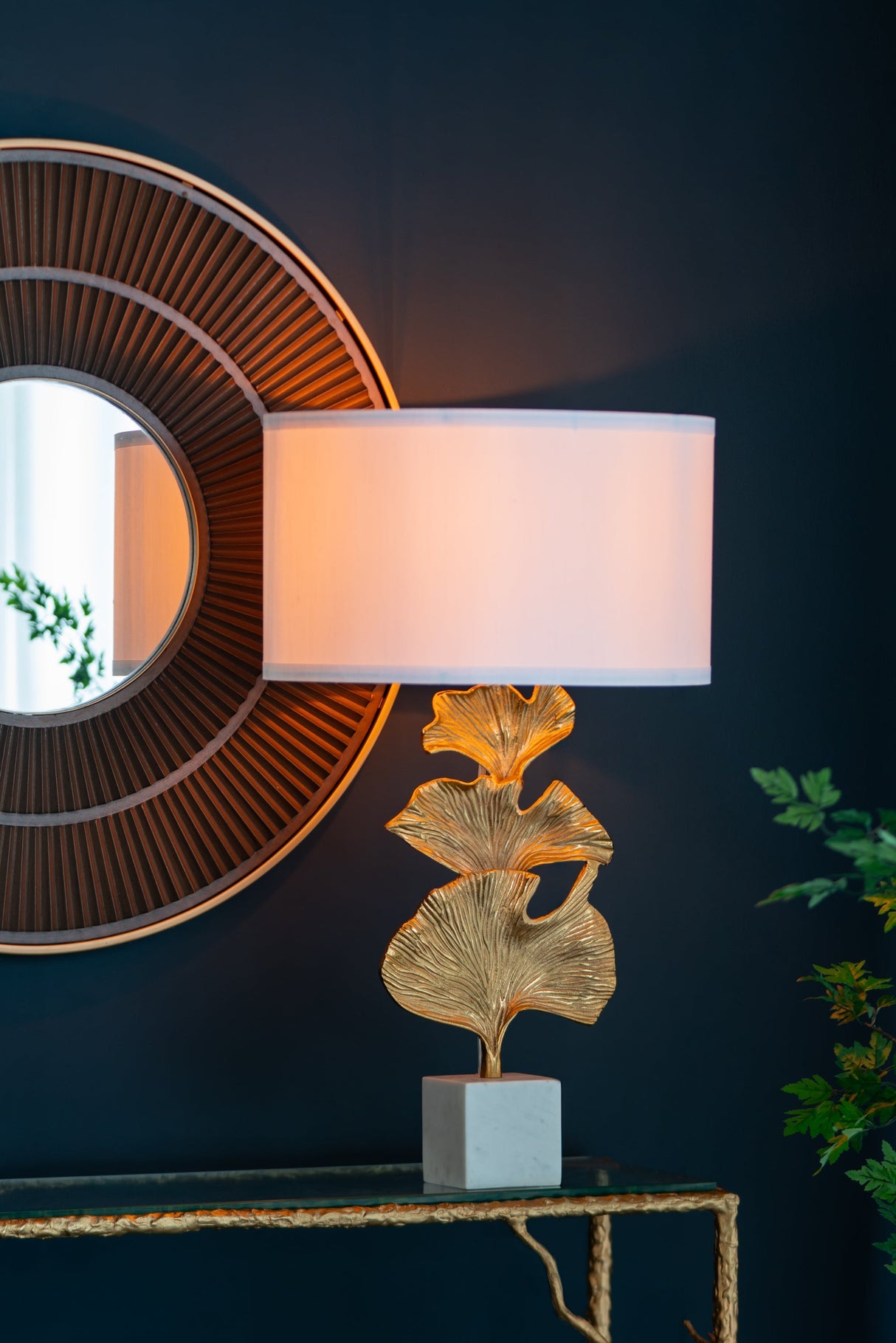 Gold Ginkgo Leaf Table Lamp with Marble Base and White Drum Shade