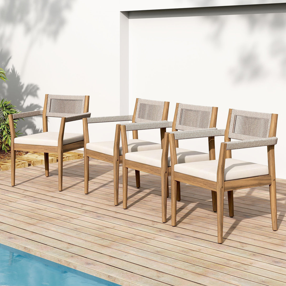 Braided Acacia Wood Outdoor Dining Chairs Set of 4 β Teak Look with Beige Rope & Cream Cushions