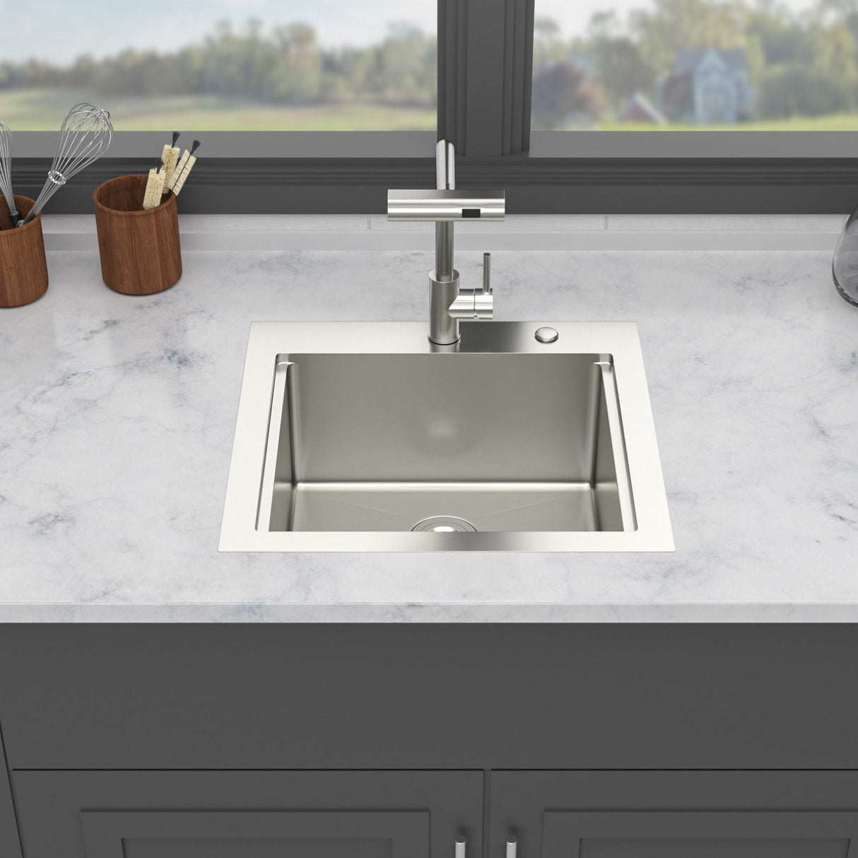 21" Drop-In Kitchen Sink With Pull-Out Faucet And Sink Cover