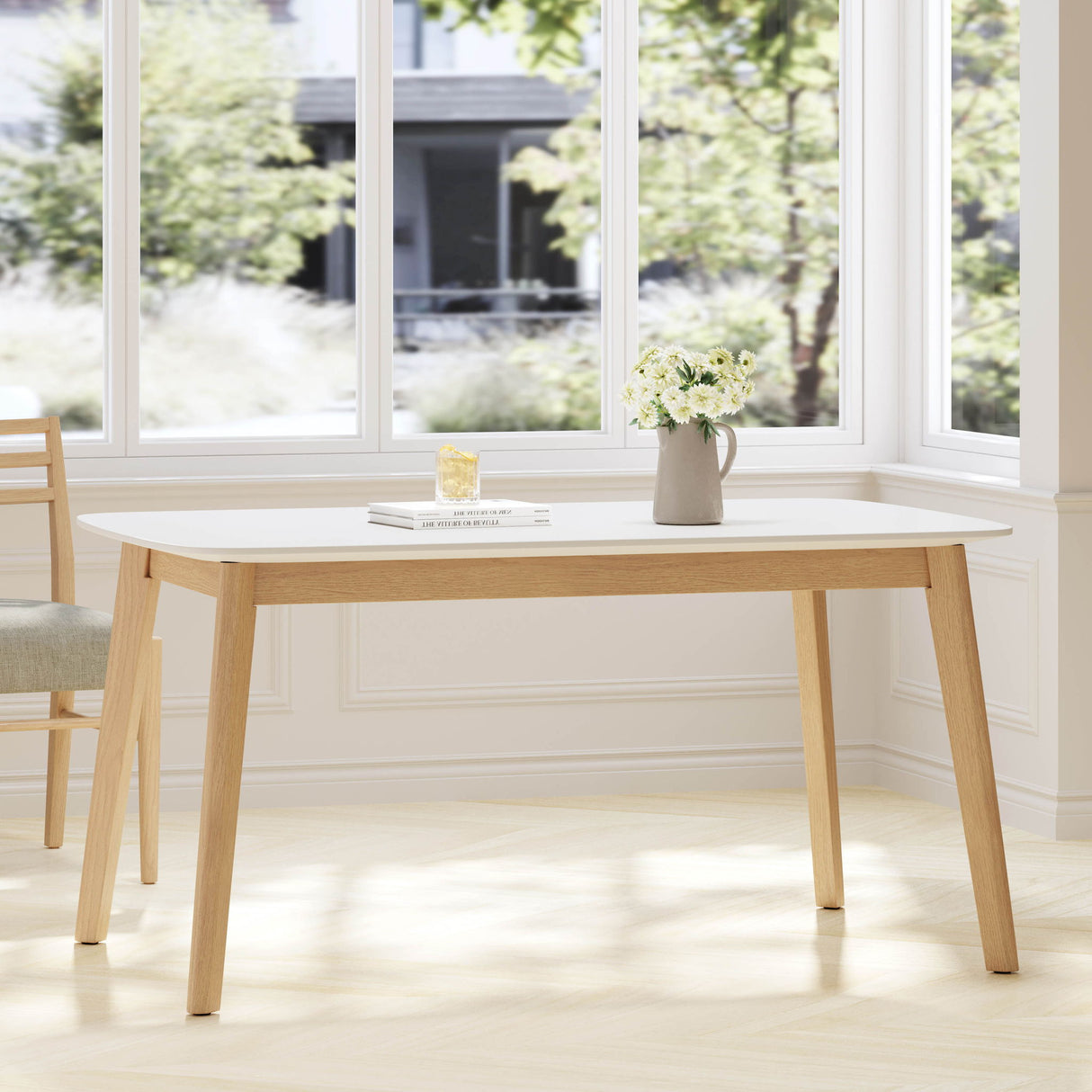 Dining Table With Splayed Rubberwood Legs & Faux Wood Tabletop