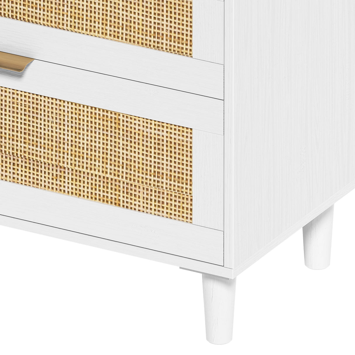 White Rattan Dresser with 6 Drawers, Metal Handles & Wood Legs