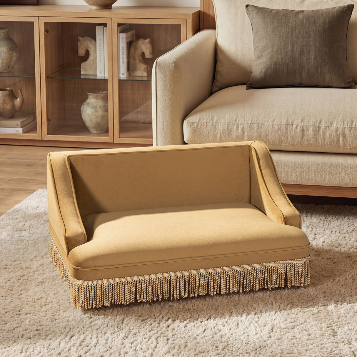 Duchess 33' Medium Princess Pet Bed Sofa with Fringe Skirt, Gold Yellow Performance Velvet