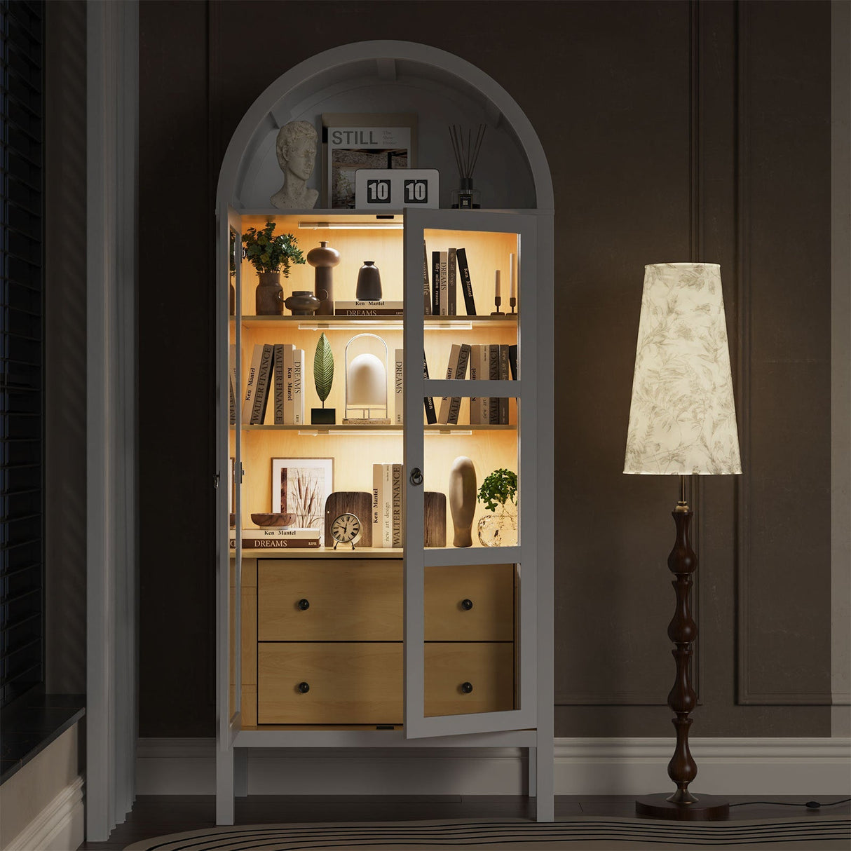 Modern Arched Cabinet with Glass Doors and Auto Sensor Light