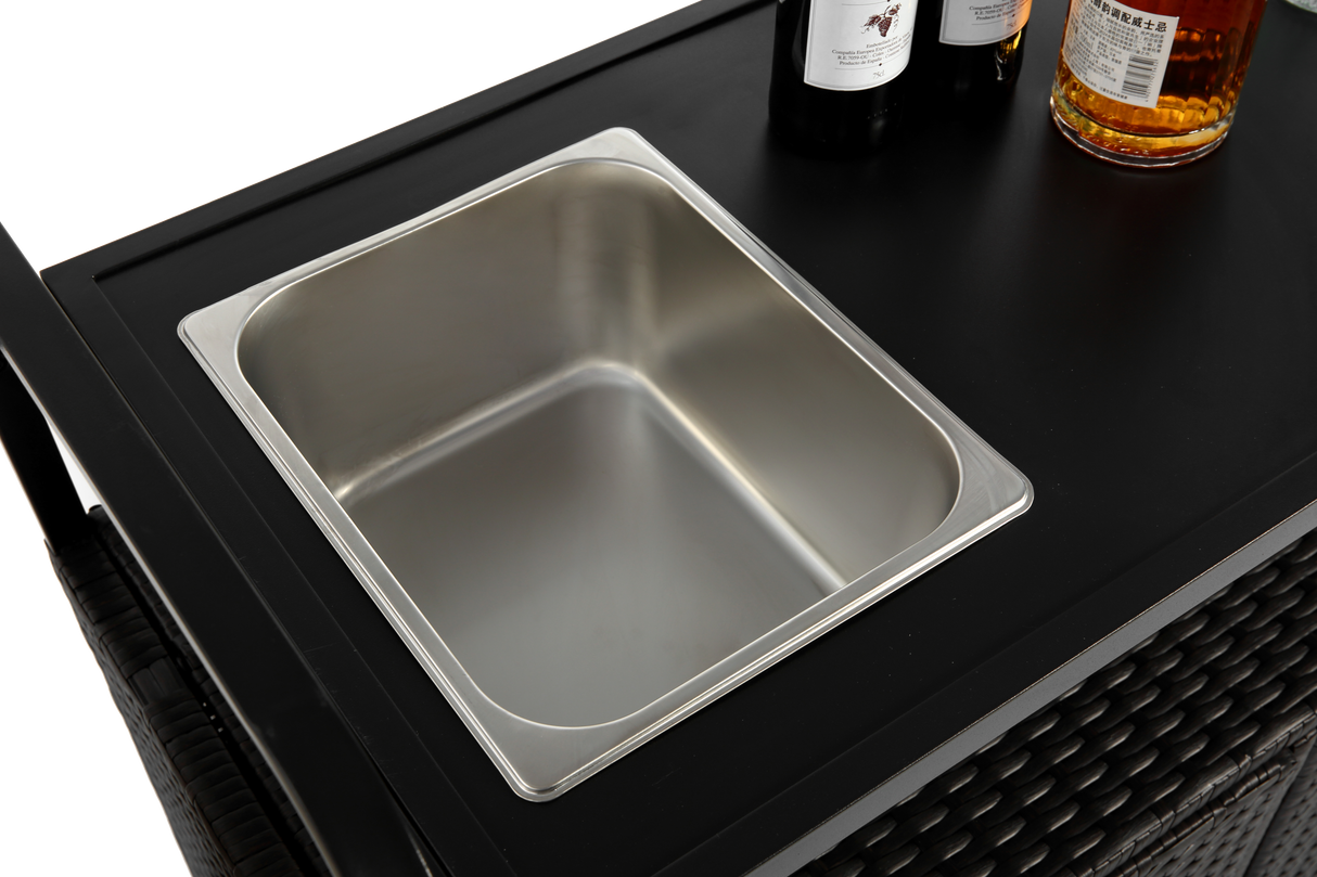 Outdoor Bar Table with Wicker Bar Cart and Steel Top