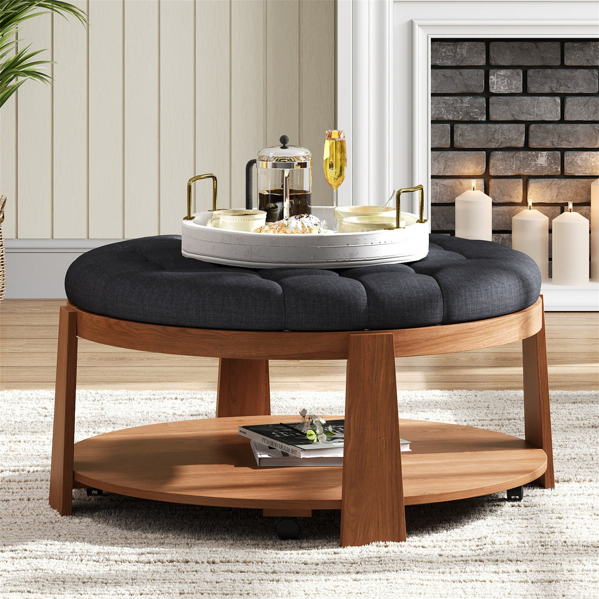 Modern Large Round Ottoman Coffee Table 2-Tier Oversized Button Tufted Ottoman