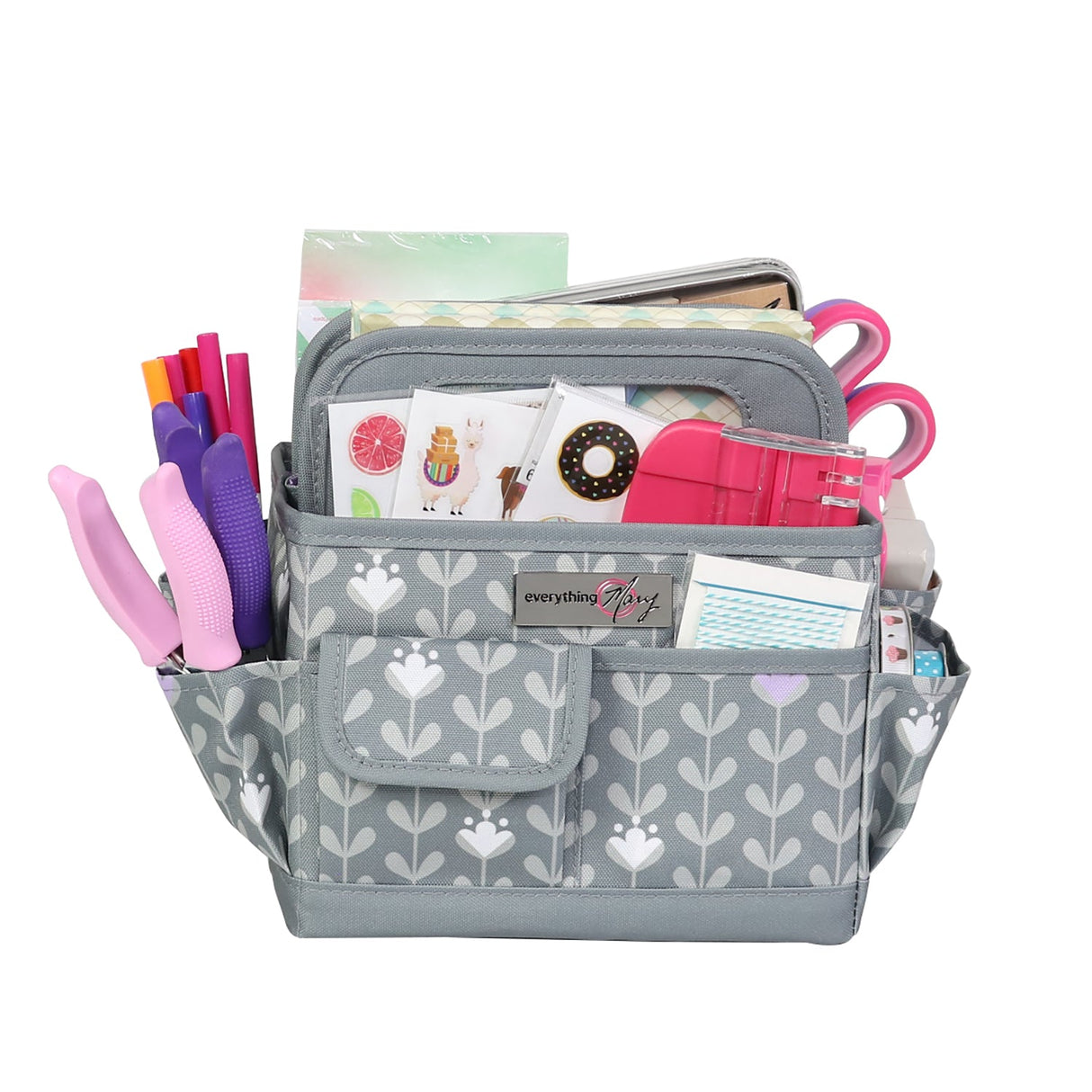 Everything Mary Collapsible Desktop Craft Caddy, Grey & Purple Floral – Polyester Craft & Art Supply Organizer with 12 Storage Compartments