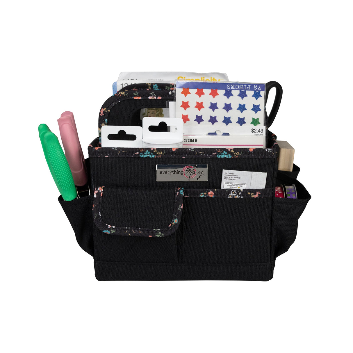 Everything Mary Collapsible Desktop Craft Caddy, Black & Floral Trim – Polyester Craft & Art Supply Organizer with 12 Storage Compartments