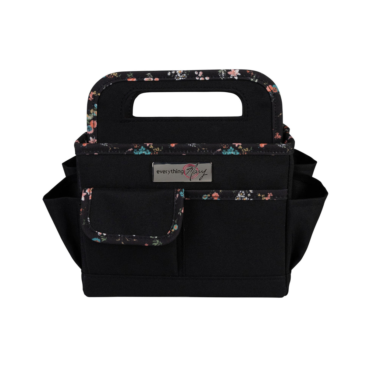 Everything Mary Collapsible Desktop Craft Caddy, Black & Floral Trim – Polyester Craft & Art Supply Organizer with 12 Storage Compartments