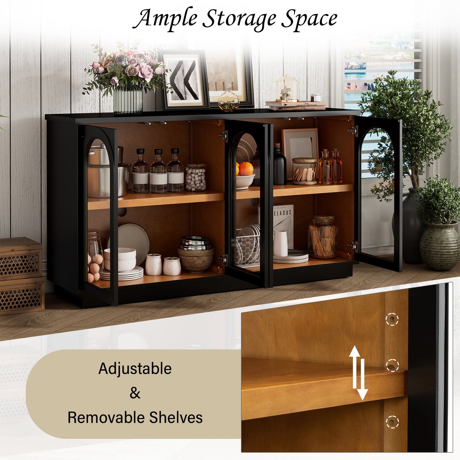 Arched Storage Cabinet with Glass Doors