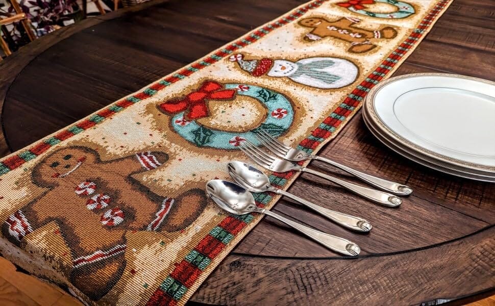 Gingerbread-Snowman-Holiday-Woven-Tapestry-Dining-Table-Runner-(12917)-Table-Runners