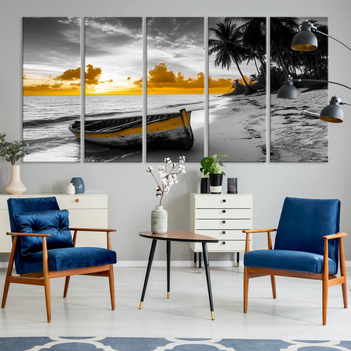 Yellow Rowboat Wall Art – Framed Tropical Shoreline Canvas