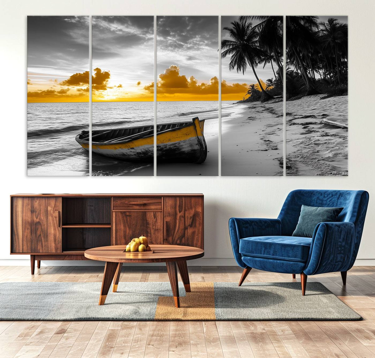 Yellow Rowboat Wall Art – Framed Tropical Shoreline Canvas