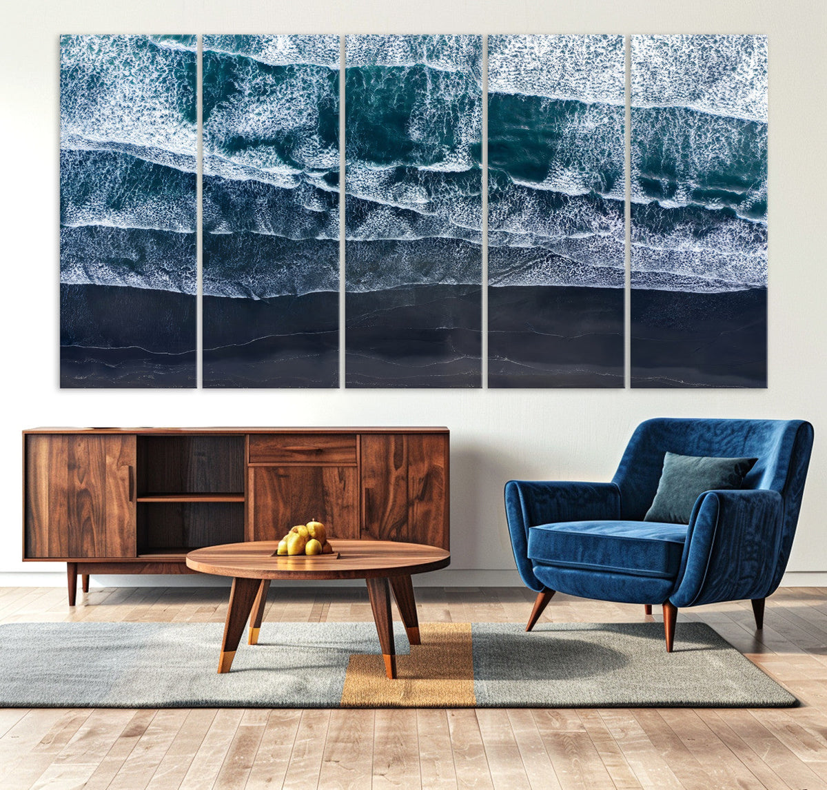 Black Beach Wall Art Canvas Print – Framed Aerial Ocean View