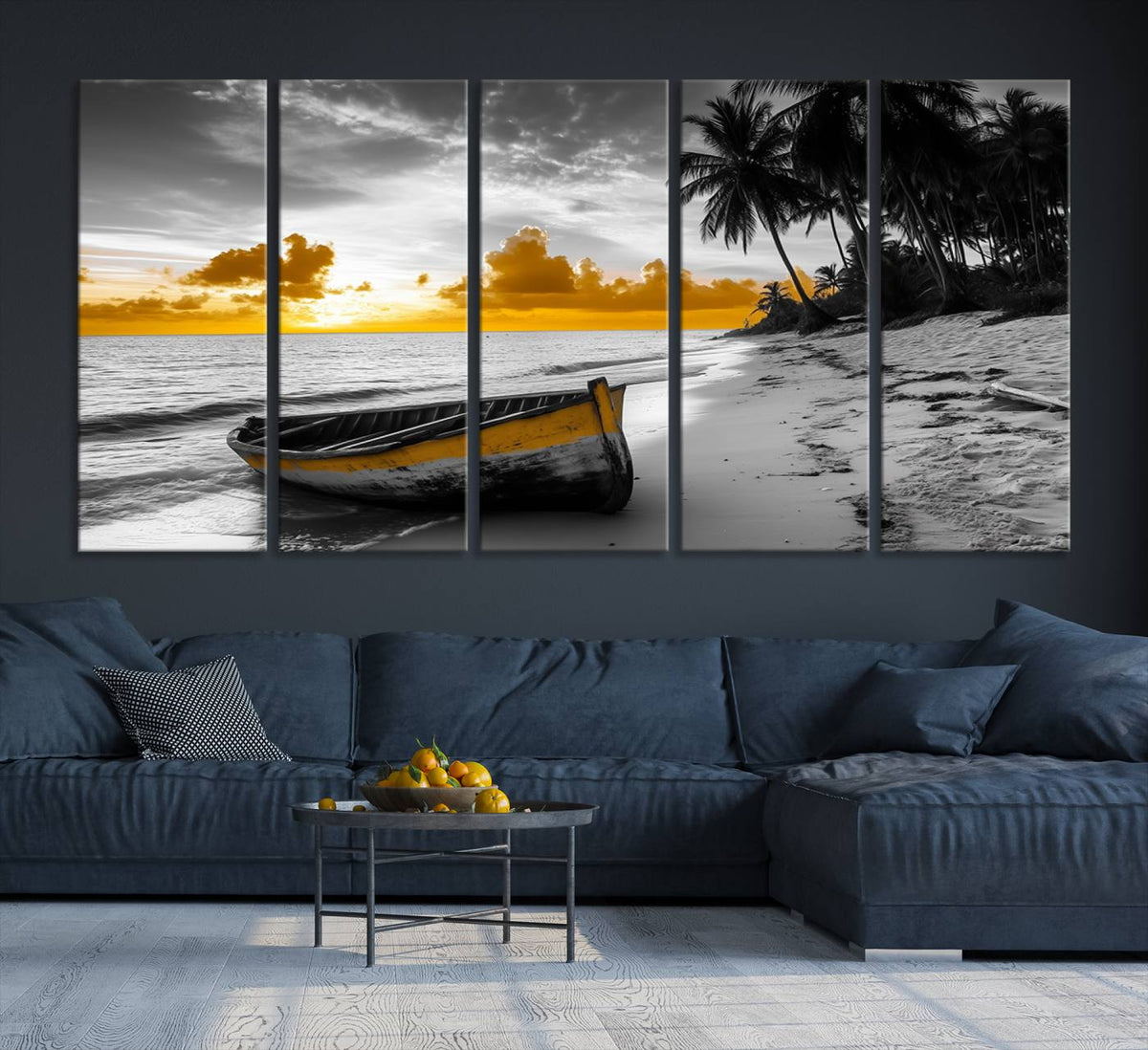 Yellow Rowboat Wall Art – Framed Tropical Shoreline Canvas