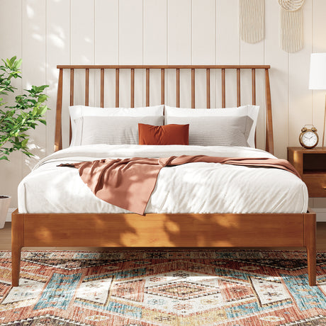 Solid-Bamboo-Wood-Spindle-Platform-Queen-Bed-with-46.5'-Tall-Headboard,-Bohemian-Bed-Frame-with-Wooden-Slats-and-Metal-Support,-Mid-Century-Modern-Style,No-Box-Spring-Needed,Warm-Brown-Beds-&-Headboards