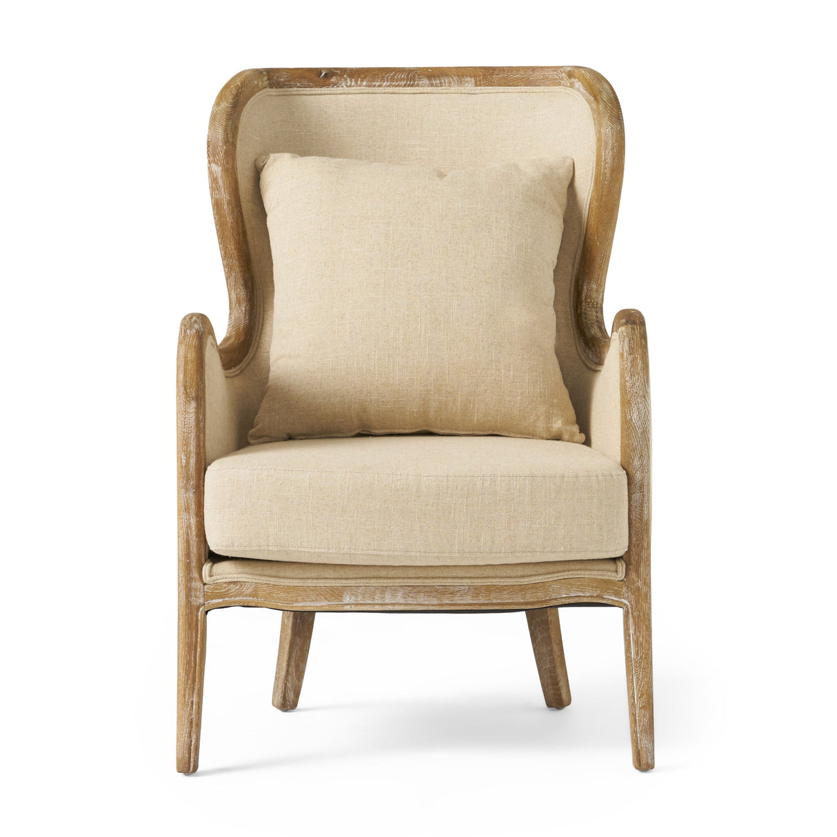 Crenshaw Beige Fabric Wing Arm Chair with Oak Frame and High Back