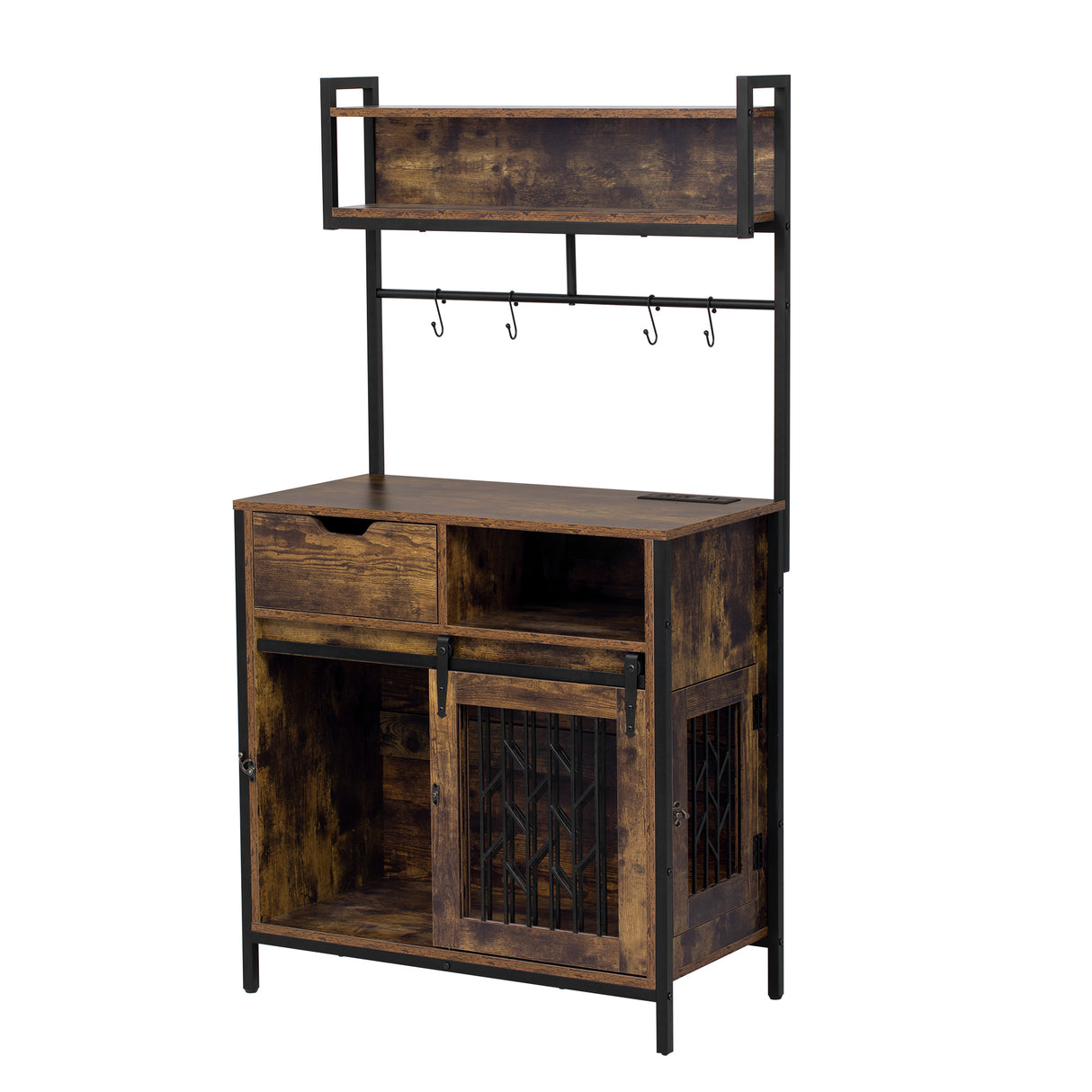 Furniture-Style-2-in-1-PET-FRIENDLY-Dog-Crate-Composite-Desk-Hutch-in-Rustic-Brown-MDF-and-Steel-
