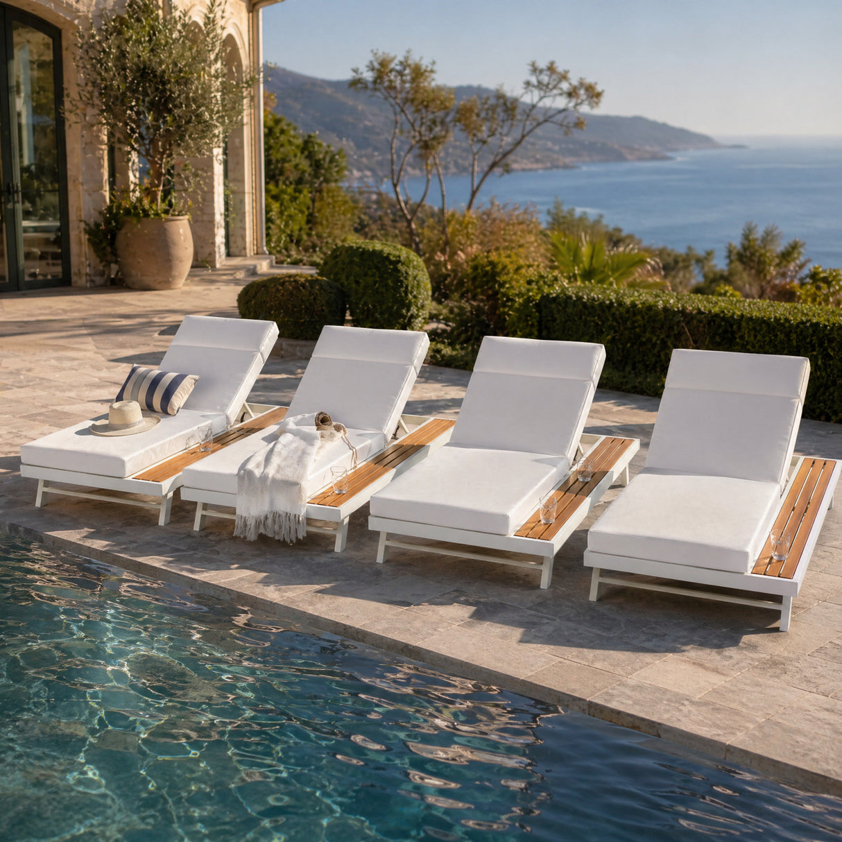 White Iron and Teak Finish Outdoor Chaise Lounge Set