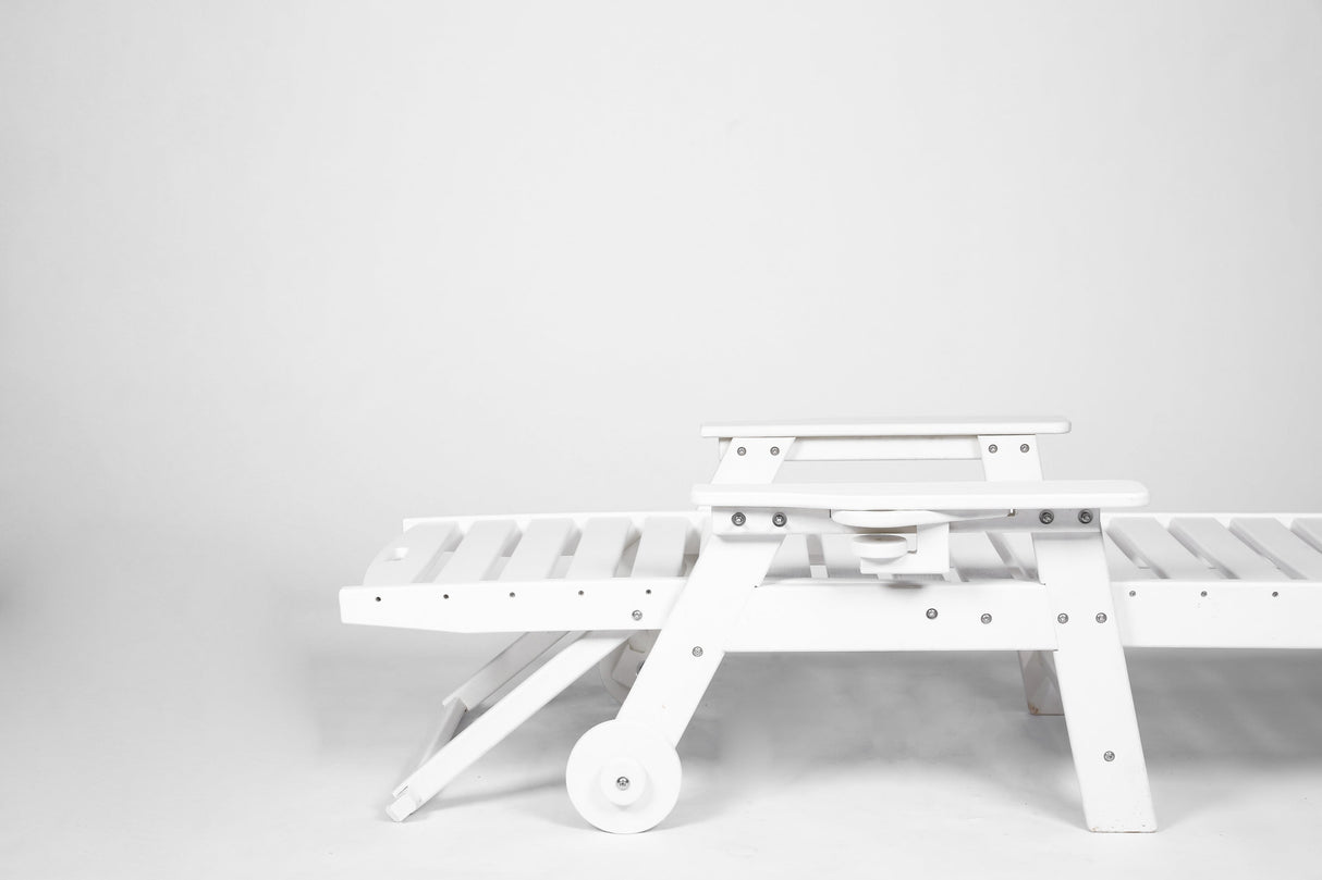 Lounge Chair Outdoor with Wood TextureOversized Chaise Lounge Chair with 5 PositionsHDPEPatio Lounge Chair with Wheels & Cup Holder for PoolDeckPoolsideWhite