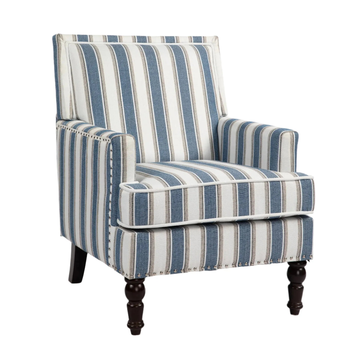 Upholstered Accent Chair with Striped Linen Fabric and Nailhead Trim