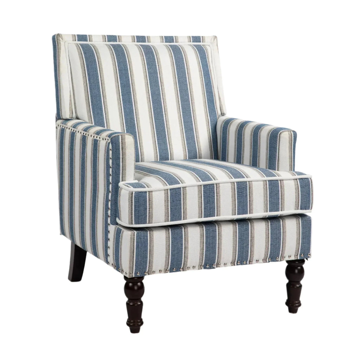 Upholstered Accent Chair with Striped Linen Fabric and Nailhead Trim