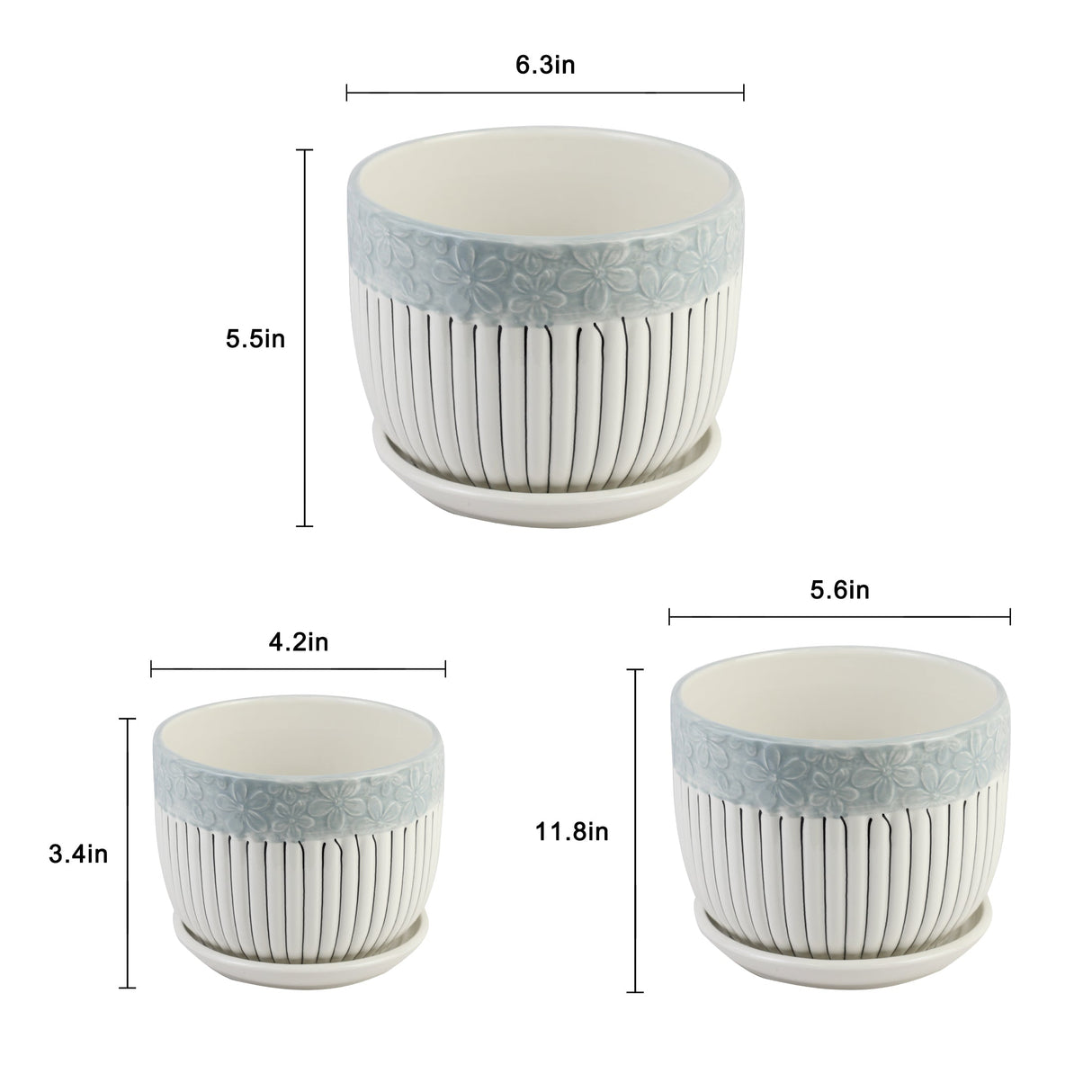 3-Piece Ceramic Planter Pot Set with Embossed Floral Rim and Saucers