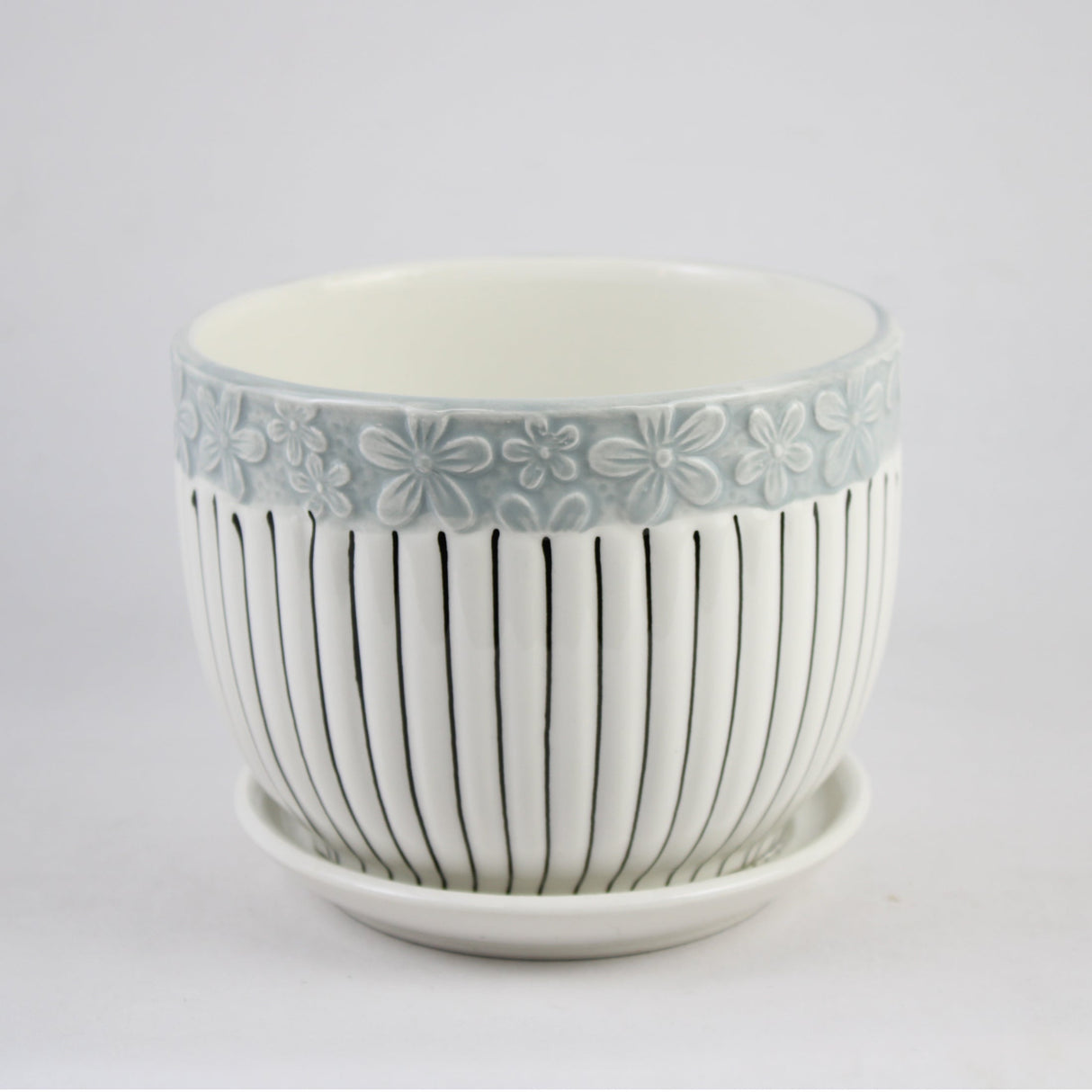 3-Piece Ceramic Planter Pot Set with Embossed Floral Rim and Saucers